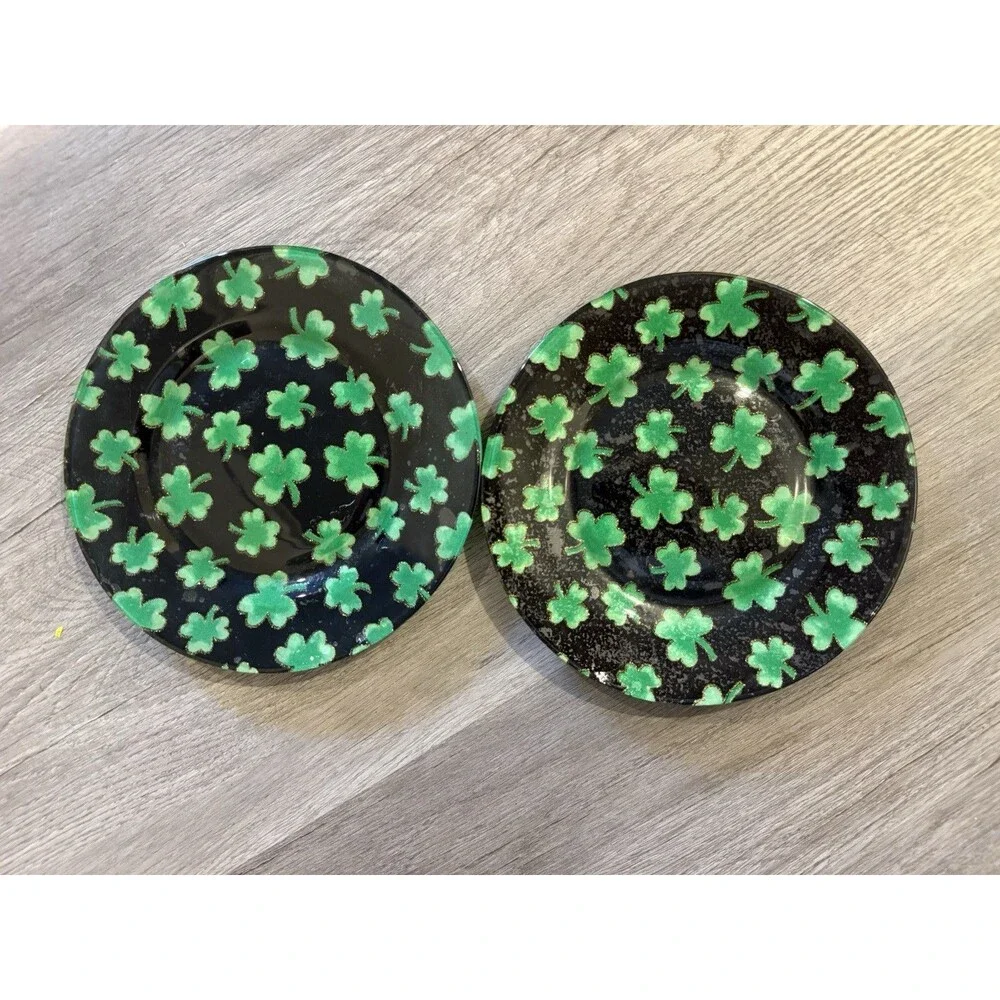 2 St Patrick Day Decorative Plates Green Shamrocks On Bey Dark Green Background
